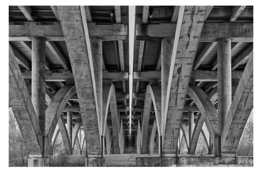 Limited Edition, fine art black and white photographic print, "Under Interstate 88 #43" was shot near Aurora, Illinois with a Fuji digital medium format camera and a Contax 645 120mm Planar Lens.