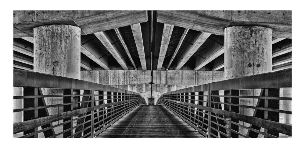 Limited Edition, fine art custom panoramic black and white photographic print, "Under Interstate 90 #4" was shot in the Chicago suburbs.