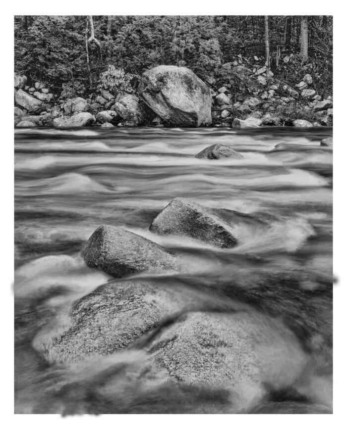 "Swift River #2 in B&W" is offered as a limited edition, fine art black and white photographic print. I captured this subject in 4x5 film with an Ebony 4x5 view camera and 135mm APO Rodenstock Sironar S APO lens in the White Mountains of New Hampshire.