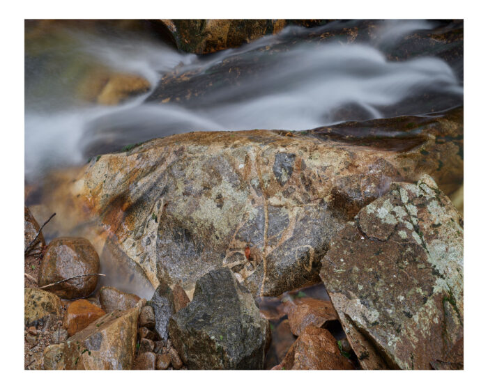 Flowing Water and Granite Boulder in Pemigewasset River Basin, Franconia Notch, NH Museum Quality Prints