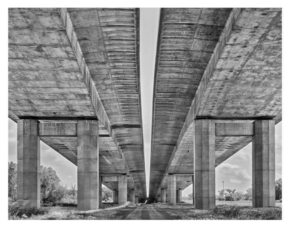 Limited Edition, fine art black and white photographic print, "Under Interstate 75 #25", of the Zilwaukee Bridge that spans the Saginaw River in Michigan.