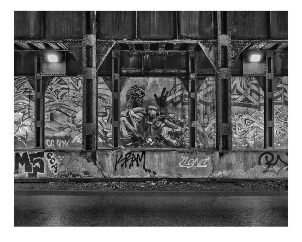 Limited Edition, fine art urban black and white photographic print, "Chicago Viaduct #17" was shot near Hubbard Street in Chicago, Illinois.