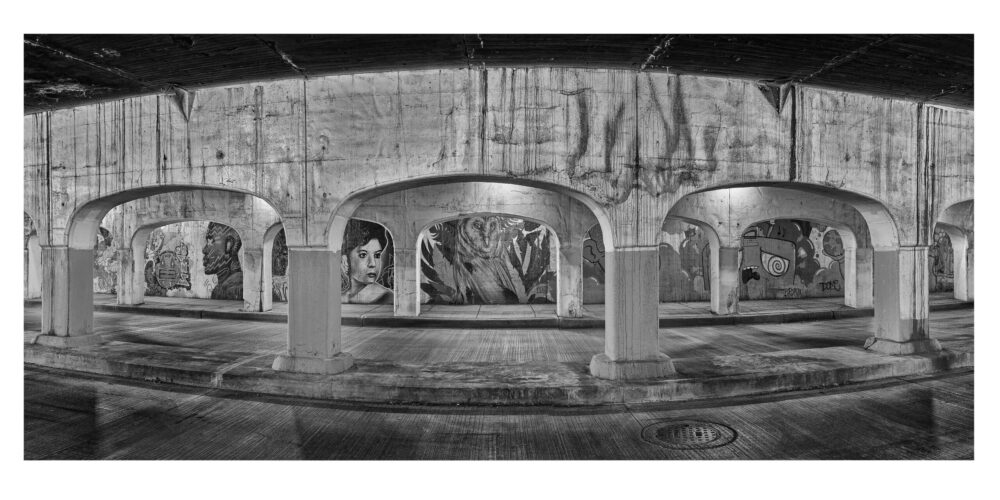 Limited Edition, fine art custom panoramic black and white photographic print, "Chicago Viaduct #18" was shot under the Peoria Viaduct in Pilsen, Chicago, Illinois.