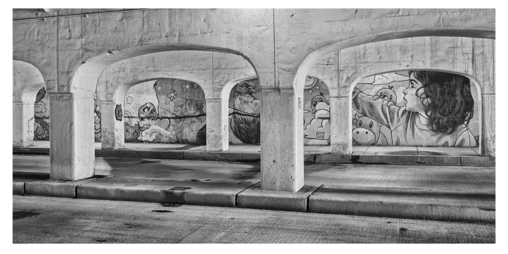 Limited Edition, fine art custom panoramic black and white photographic print, "Chicago Viaduct #15" was shot under the Peoria Viaduct in Chicago, Illinois.