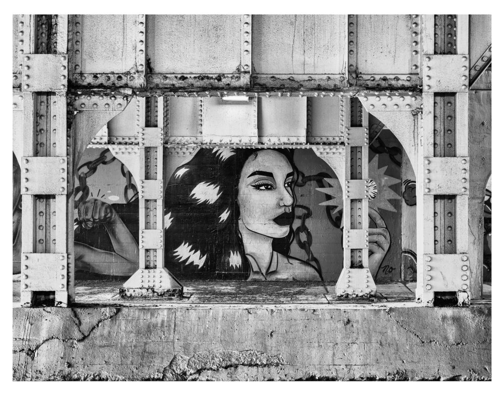 Limited Edition, fine art custom black and white photographic print, "Chicago Viaduct #38" was shot as part of an ongoing monochrome study of the Pilsen area Viaducts in Chicago, Illinois.