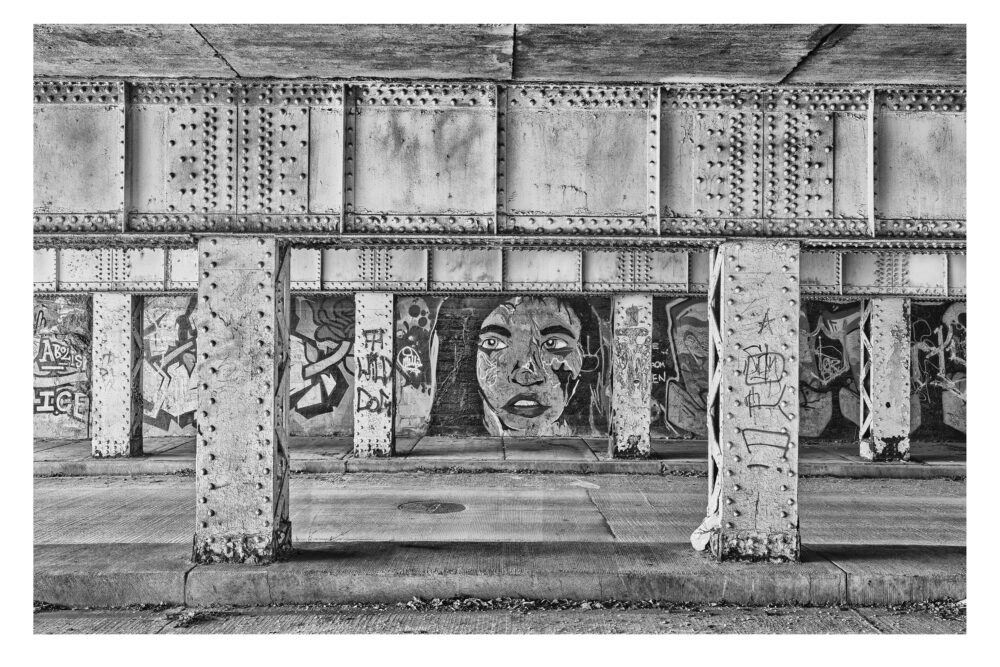 Limited Edition, fine art black and white photographic print, "Chicago Viaduct #37" was shot in Chicago, Illinois under the rails in Pilsen.
