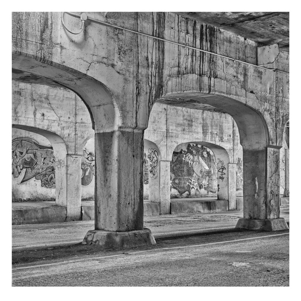 Limited Edition, fine art custom black and white photographic print, "Chicago Viaduct #1" was shot as part of an ongoing monochrome study of the Peoria Viaduct in Chicago, Illinois.