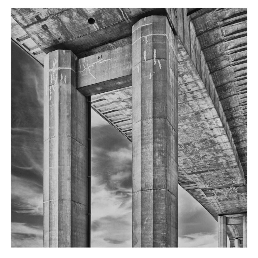 Limited Edition, fine art black and white photographic print, "Under Interstate 75 #21", of the Zilwaukee Bridge that spans the Saginaw River in Michigan.