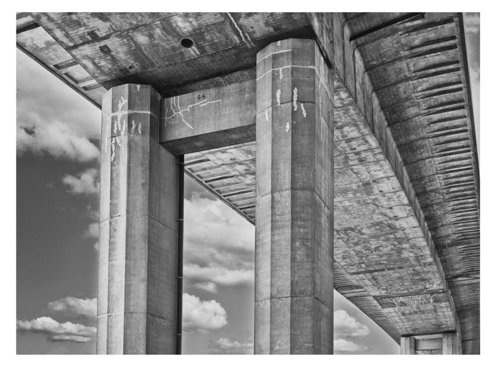 This Limited Edition, fine art black and white photographic print, "Interstate 75, Span 6 #1" was shot under the bridge spanning the Saginaw River in MI.