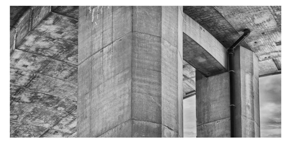 Limited Edition, fine art black and white photographic print, "Interstate 75, Span 4 #3" was shot under the bridge spanning the Saginaw River in Michigan.