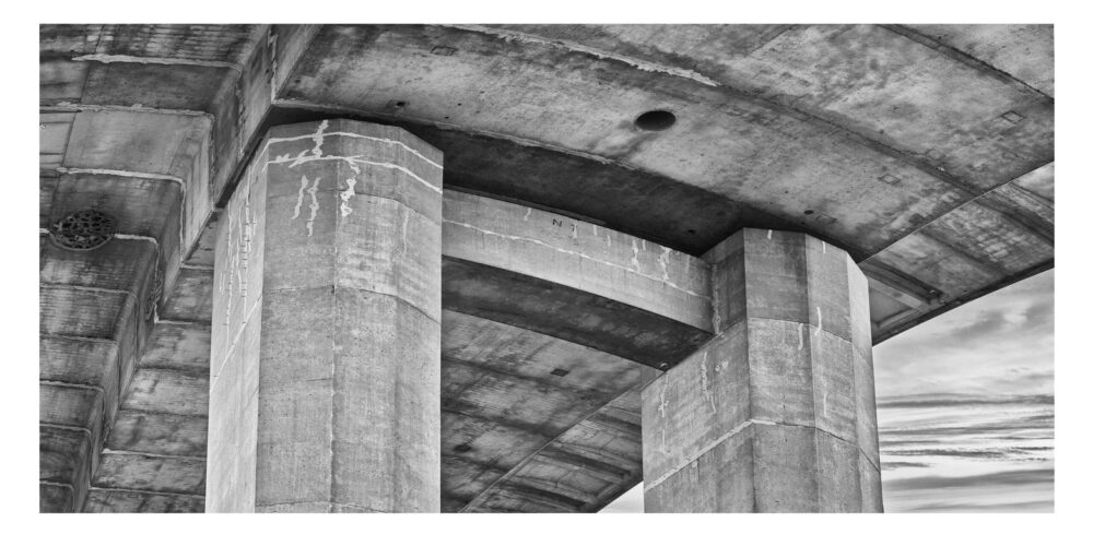 Limited Edition, fine art black and white photographic print, "Interstate 75, Span 7 #2" was shot under the bridge spanning the Saginaw River in Michigan.