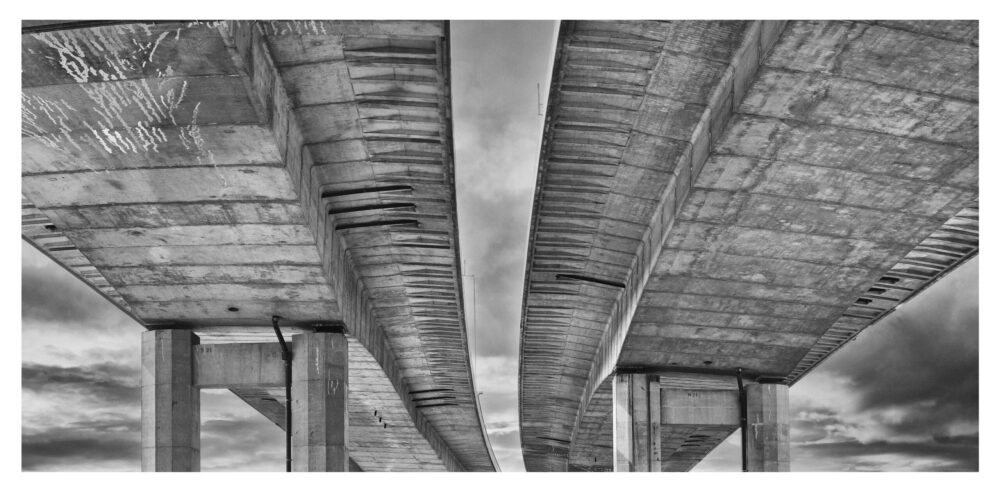 Limited Edition, fine art black and white photographic print, "Interstate 75, Span 21 #2" was shot under the bridge spanning the Saginaw River in Michigan.
