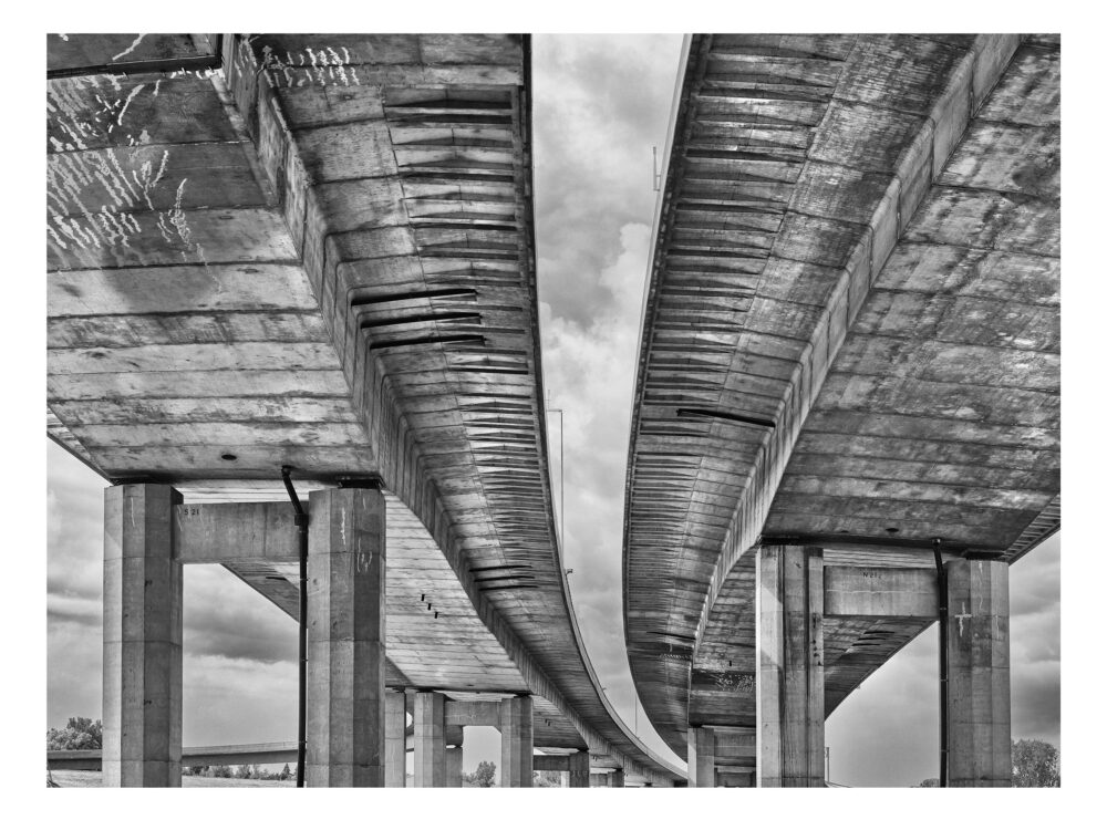 Limited Edition, fine art black and white photographic print, "Interstate 75, Span 6 #21" was shot under the bridge spanning the Saginaw River in MI.
